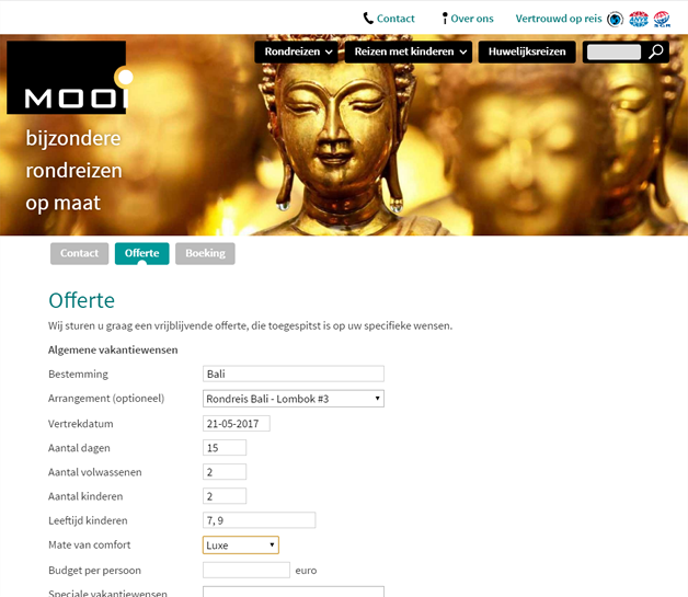 Aanvraagformulier van een offerte voor Mooi Vakanties.