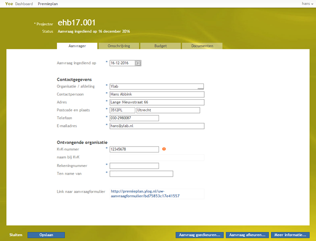 Alle informatie van één aanvraag bij elkaar.