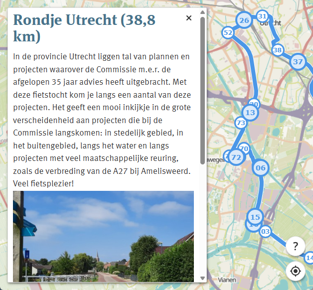 Schermafbeelding met bijkaart van Utrecht van Jacob van Deventer met route langs singel en informatie dialoogvenster over Sonneberg
