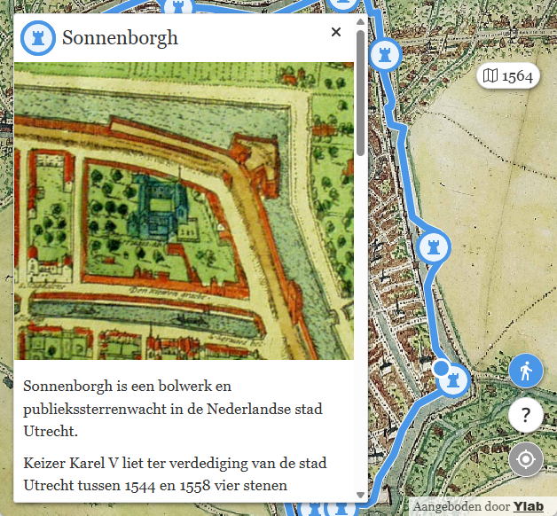 Schermafbeelding met bijkaart van Utrecht van Jacob van Deventer, met route langs de singel en een dialoogvenster met informatie over Sonnenborgh