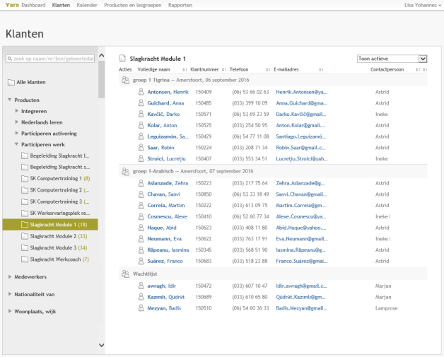 Klantenlijst in het Klantvolgsysteem Yara.