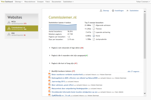 Impressie van het Content management systeem Yce.