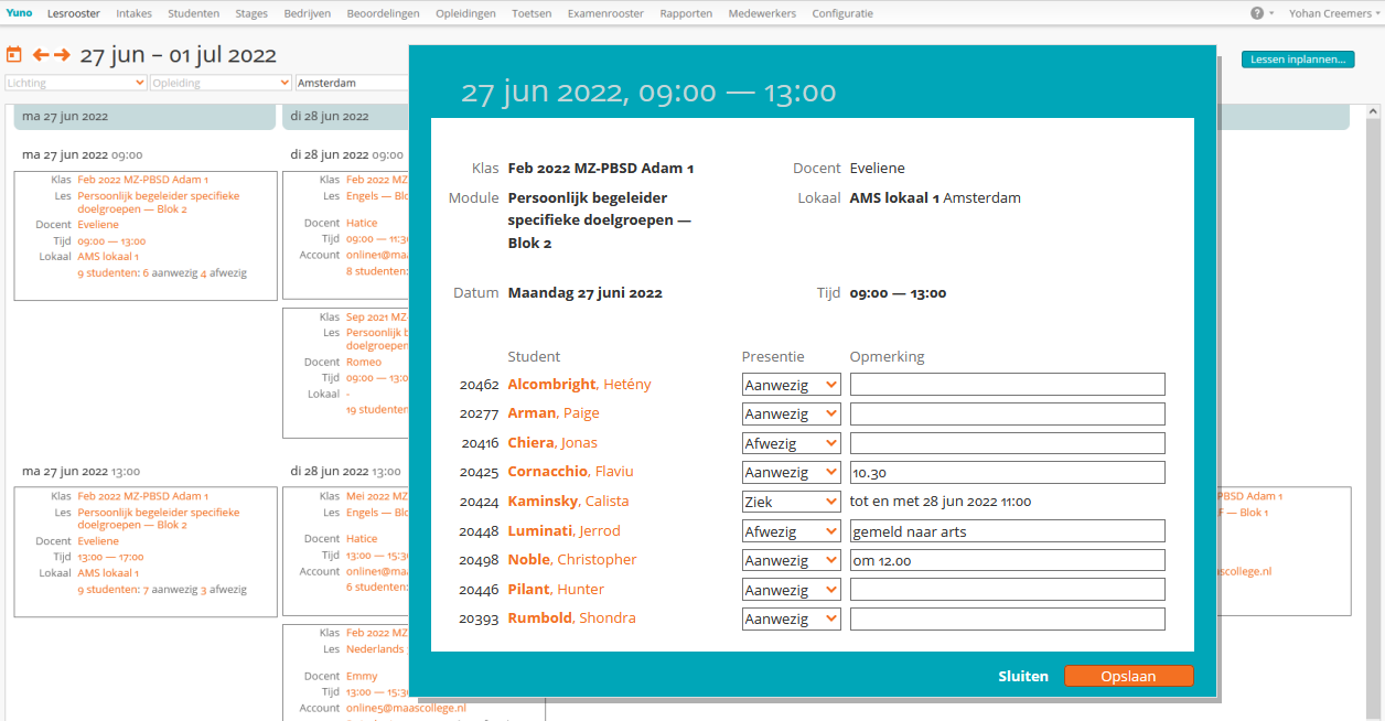 Lesrooster en aanwezigheidsregistratie in studentinformatiesysteem Yuno.